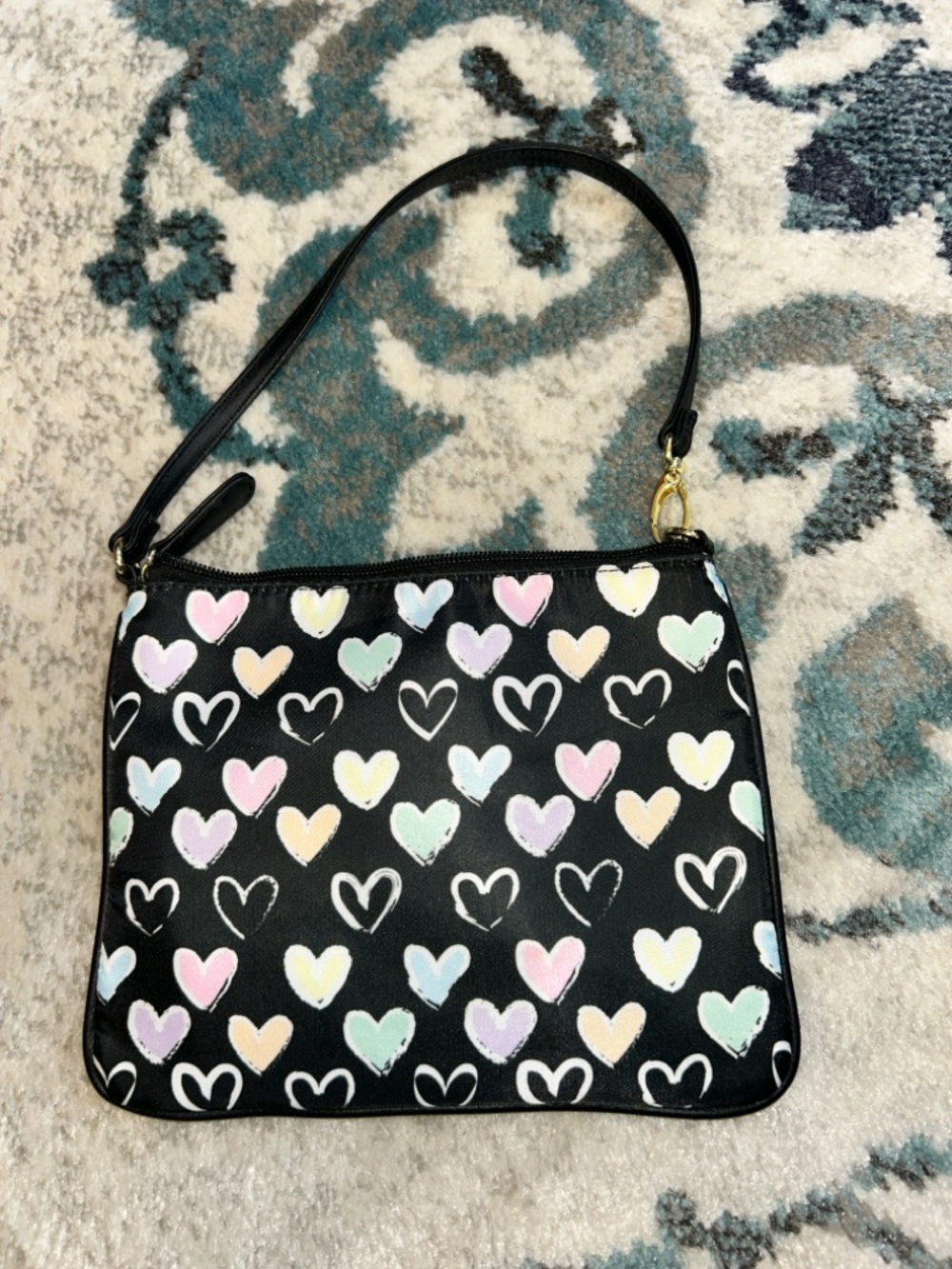 Luv Betsey Black Heart-Print Wristlet Clutch with Pastel Accents